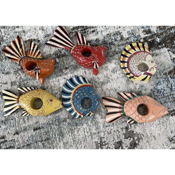 Set of 6 Wooden Hand Painted Napkin Ring Fish Tropical Island Beach Summer Ocean - Picture 1 of 8